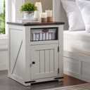 Farmhouse Nightstand with Charging Station, 20" Rustic End Table w/Barn Door, Wood Sofa Side Bedside Table w/Open Shlef & Stroage Cabinet for Bedroom (White)
