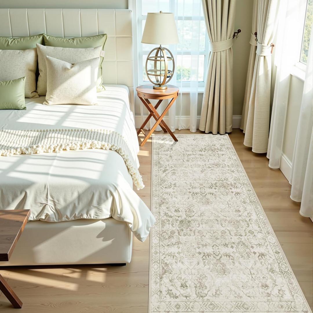 Sage Green 3x7 Runner Rug for Hallways Bed Side Kitchen, Boho Washable Distressed Low-Pile Floor Entryway Long Bathroom Mat, Non-Slip Laundry Room Washstand Front Carpet Green 36x84 Inch