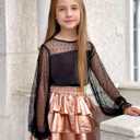 Arshiner Girls Long Sleeve Shirts with Sheer Puff Cute Lantern Sleeve Design Lady Style Swiss Dots Tops for Girls Blouse Tee (Black)