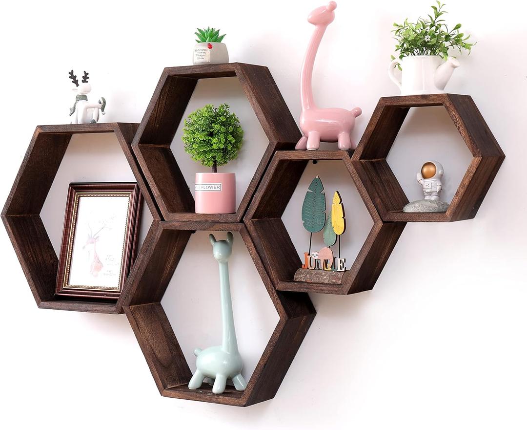 WONFUlity Hexagon Shelves for Wall Mounted, Wood Farmhouse Storage Honeycomb Floating Shelves for Wall Decor,Screws Anchors Included,5pc