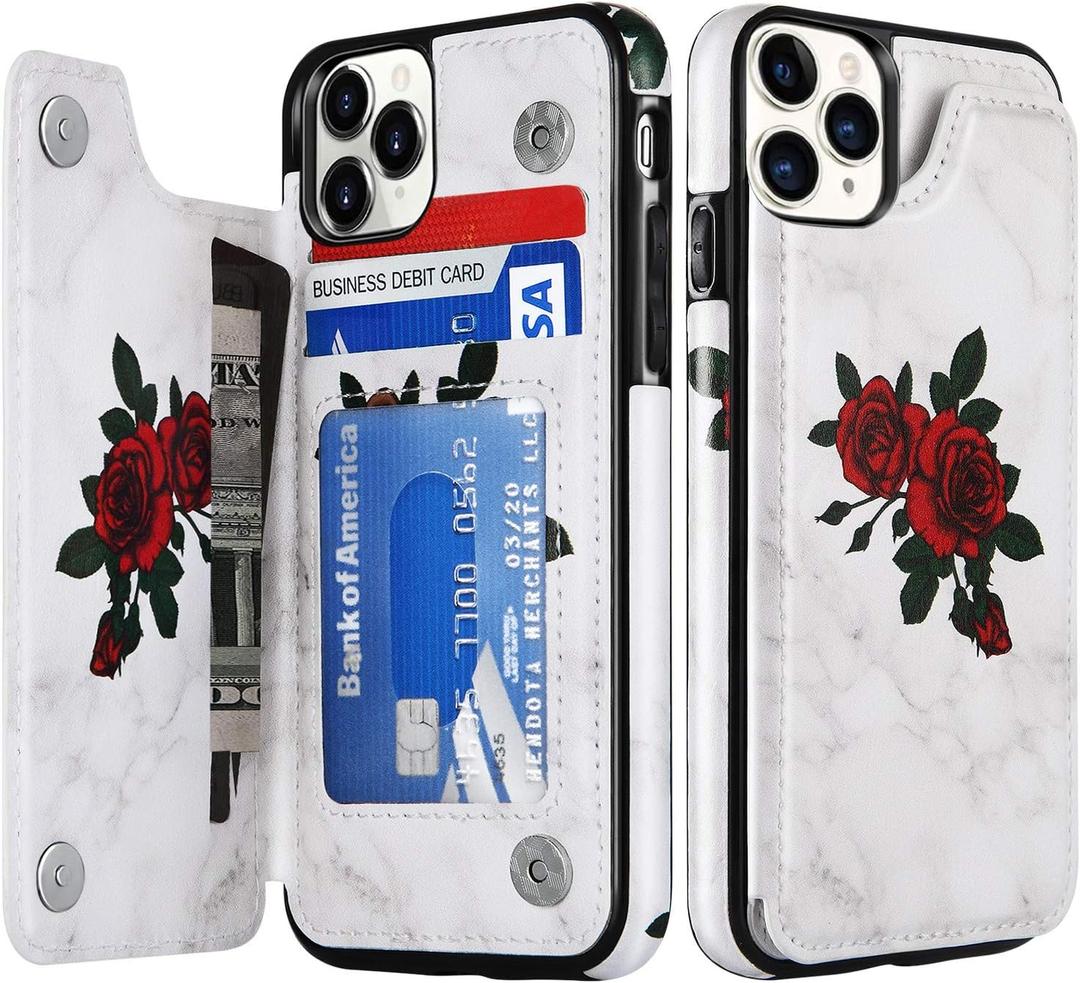 LETO for iPhone 11 Pro Max Case,Leather Wallet Case Flip Folio Cover with Fashionable Flower Designs for Girls Women,Card Slots,Protective Phone Case for iPhone 11 Pro Max 6.5" Roses and Marlbe