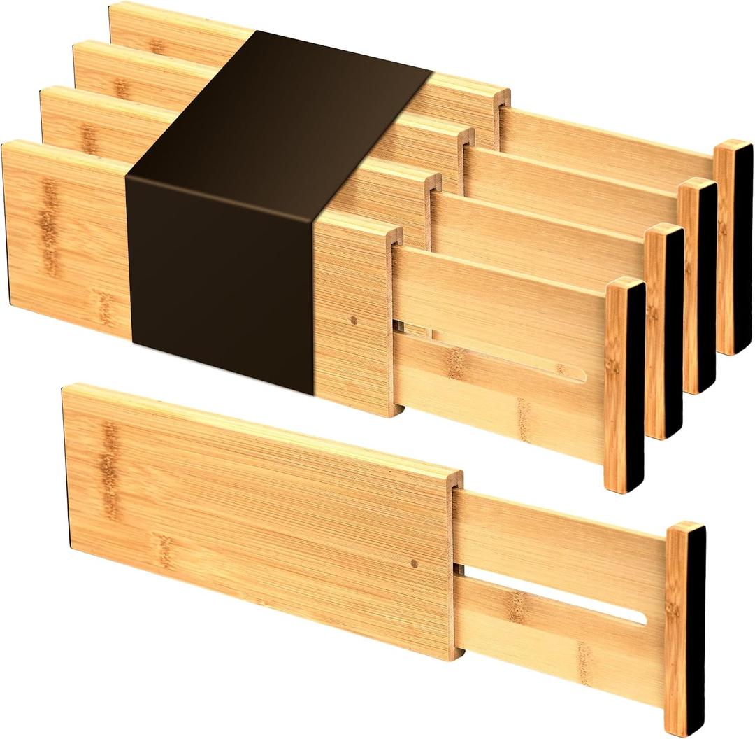 Utoplike Bamboo Dresser Drawer Dividers, 4'' High Adjustable Drawer Organizers for Clothing, Spring Loaded, Works in Kitchen, Bathroom, Bedroom, Drawer, Desk, 4 pcs