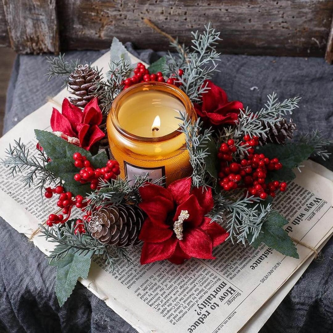 Christmas Candle Ring Wreath Christmas Candle Holder Ring with Snowy Pinecones Red Berries Flower Artificial Mini Snowy Wreaths for Wedding Home Table Centerpiece (9.8Inch)