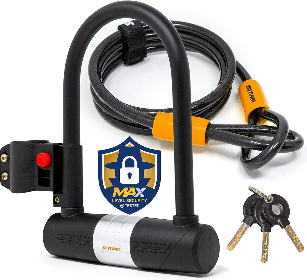 Bike U-Lock - Sigtuna Bike Lock Heavy Duty Anti-Theft with 4ft/1.2m Cable, Bicycle U-Lock with Sturdy Mounting Bracket for Mountain Bikes, Ebikes, Scooters (Orange)