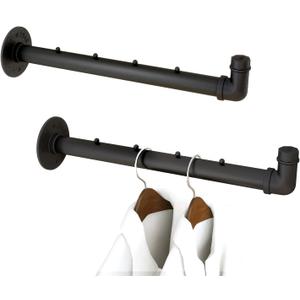 IBUYKE 2 Pcs 15.7 Inch Industrial Pipe Clothes Bar, Multifunctional Wall Mounted Clothes Rail, Heavy Duty Space-Saving Hanging Closet Rod for Bedroom Bathroom, Black TYJ008H-2