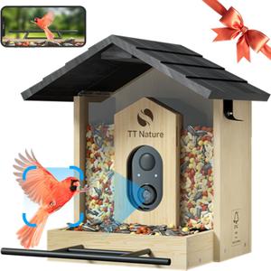 TT Nature Bird Feeder with Camera, Upgraded 1.5L Smart Bird Feeder with AI Identify for 10000+, Auto Capture & Real-time Notifications, Ideal Gift for Christmas (Wooden Roof)