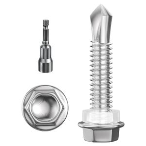 (250Pcs) #141" Hex Washer Head Self Drilling Screws, 410 Stainless Steel Metal SheetScrewsTEK Screws, Sheet Metal Self Tapping Screws (#14x1", Silver)