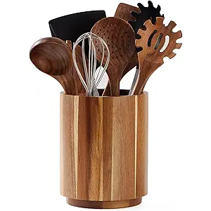 LOHONER Acacia Wood Utensil Holder for Kitchen Counter, 360° Rotating 7.2" Wooden Cooking Utensil Crock for Countertop, Farmhouse Kitchen Decor