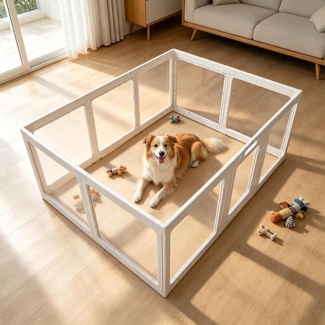 Clear Acrylic Dog Playpen with Door, (White, 23.6H, 10 Panesls), Indoor Dog Fence with Safety Lock, Easy Clean Play Pen for Dogs & Pets, Tool-Free Setup, for Puppies & Small Dogs