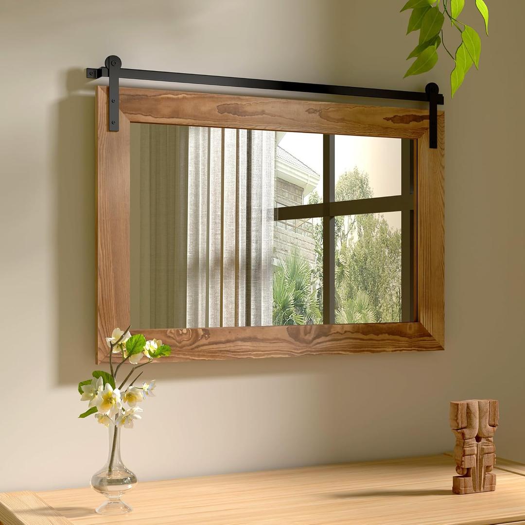 COGOOD Farmhouse Barn Door Mirror - 29" x 22" Rustic Wood Framed Wall Mirror for Bathroom, Living Room, Entryway Wall Decor (Brown)