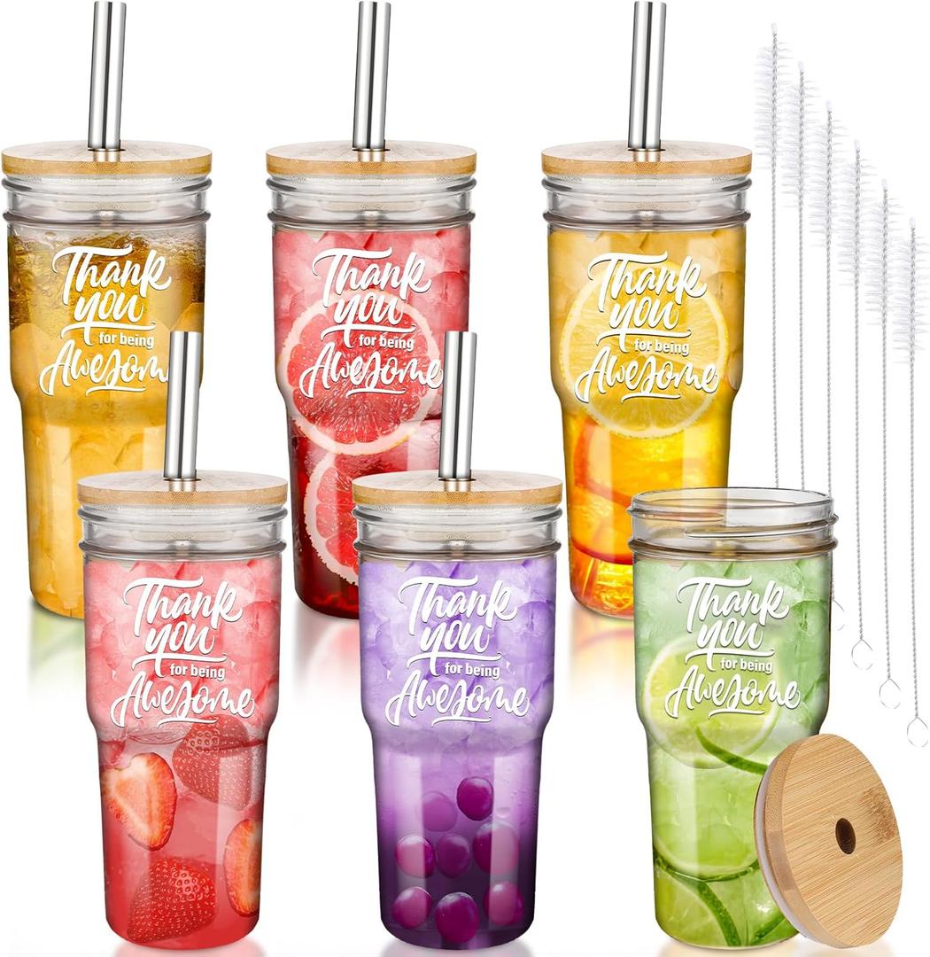 Nitial 6 Pack Inspirational Employee Appreciation Gifts Set 24oz Glass Motivational Thank You Glass Cups with Lids Straws Brushes for Teacher Nurse Staff Coworker Reusable Tumblers Party Favors
