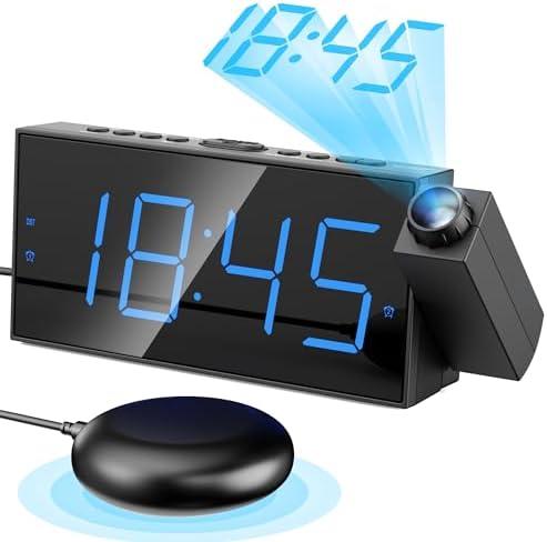 Mesqool Projection Alarm Clock, Loud Vibrating Alarm Clock for Heavy Sleepers, Adjustable Projection Brightness,Hearing Impaired & Deaf People, Digital Alarm Clock with USB Charging Port