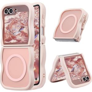 UEEBAI Magnetic for Samsung Galaxy Z Flip 5/Z Flip 6/7 FE Case, Compatible with MagSafe, Transparent Clear Wave Frame Design Soft Edge Cover Matte Shockproof Phone Case- Pink