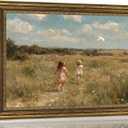 Vintage Gold Framed Wall Art, Girls Flying Kite Canvas Print, 24x16 In