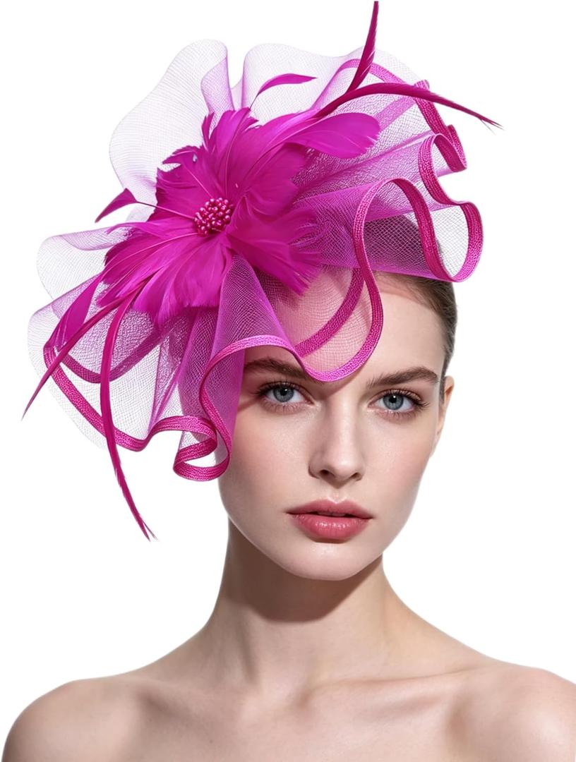 SAFERIN Fascinator for Women Hair Clip Hat Bowler Feather Flower Veil Wedding Party Hat Tea Hat (Pink)