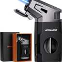 Torch Lighter with Windproof Jet Flame, Built-in V Cutter, Box for Christmas, Refillable Butane Torch Lighters, All-in-one Cool Lighters for Candle, Travel (Black)