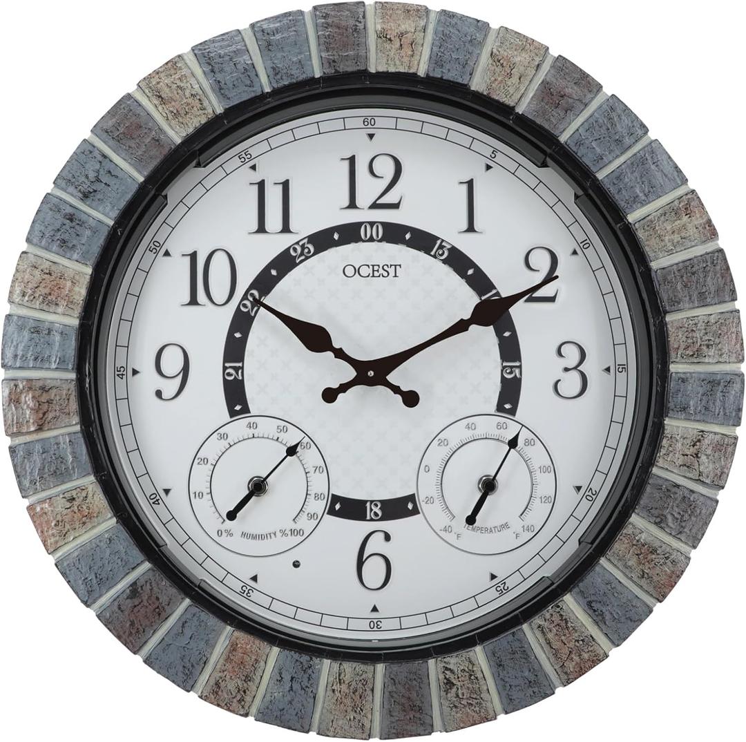 OCEST 18 Inch Large Outdoor Clock Waterproof Thermometer Hygrometer Combo Night Light Illuminated Wall Clocks Battery Operated Silent Non-Ticking Ideal Patio Clock for Garden Pool Porch Yard Garage