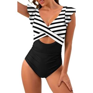 LOSD Women's Ruffled One Piece Swimsuits, V Neck Tummy Control Cutout High Waisted Bathing Suit, Slimming Tummy Control (Medium, Black White Stripes)