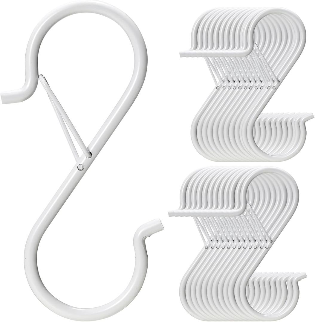 24 PCS S Hooks for Hanging with Safety Buckle, 3.5 inch Heavy Duty Metal S Shaped Hooks Stainless Steel for Hanging Kitchen Utensil, Cups, Pots, Plants, Bags, Hats (White)