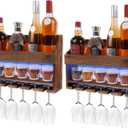 2 Pack Wooden Wine Rack Wall Mounted with LED Light, Wall Wine Rack, Bar Liquor Shelf, Wine Glass Holder Wall Mounted, Floating Bar Shelves for Kitchen, Dining Room, Home Bar