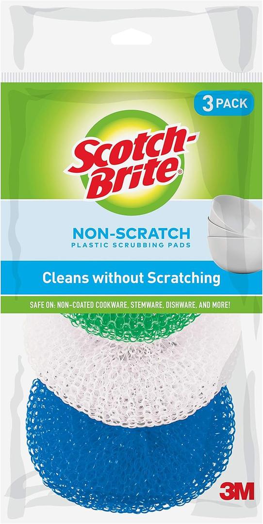Scotch-Brite Non-Scratch Plastic Scrubbing Pads, Cleans Dishes Without Scratching, 3 Scrubbing Pads, Pack of 12