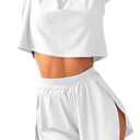 Remidoo Women's Short Sleeve T Shirts And Shorts Side Slit Crewneck Pajamas Set White Small (White)