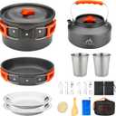 17pcs Camping Cookware Kit, 0.45Gal Pot, 7inches Pan,0.30Gal Kettle Set with 2 Set Stainless Steel Cups Plates Forks Knives Spoons for Hiking