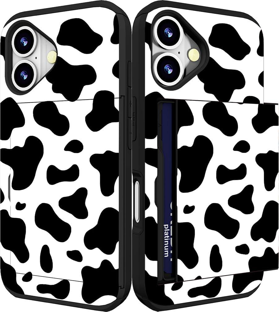 Compatible for iPhone 16 Plus Case Cute with Card Holder Shockproof Slim Slot Phone Wallet Cover for Women/Black White Cow Pattern Spots Pattern Animal Theme
