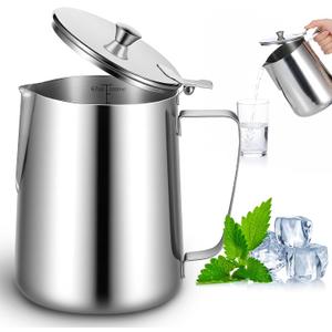 67 oz 304 Stainless Steel Pitcher with Lid, 2 L Large Mouth Graduated Beakers, Large Metal Measuring Cup with Handle, Milk Frothing Jug for Latte Art, Espresso Machines, Iced Tea