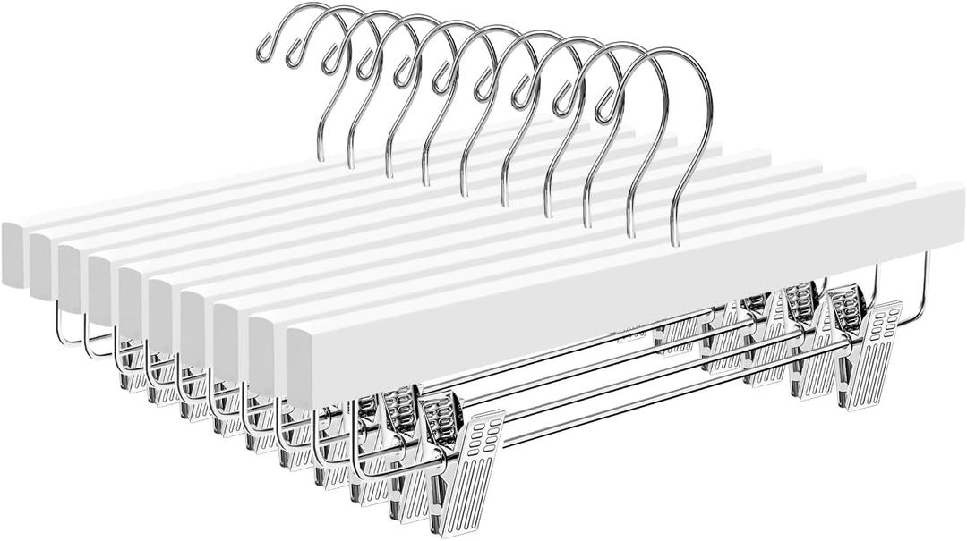 BAGAIL 10 Pack Wooden Pants Hangers with Adjustable Clips, 360Swivel Hook Space Saving Skirt Holders with Anti-Rust Clips for Trousers, Jeans, Shorts (White)