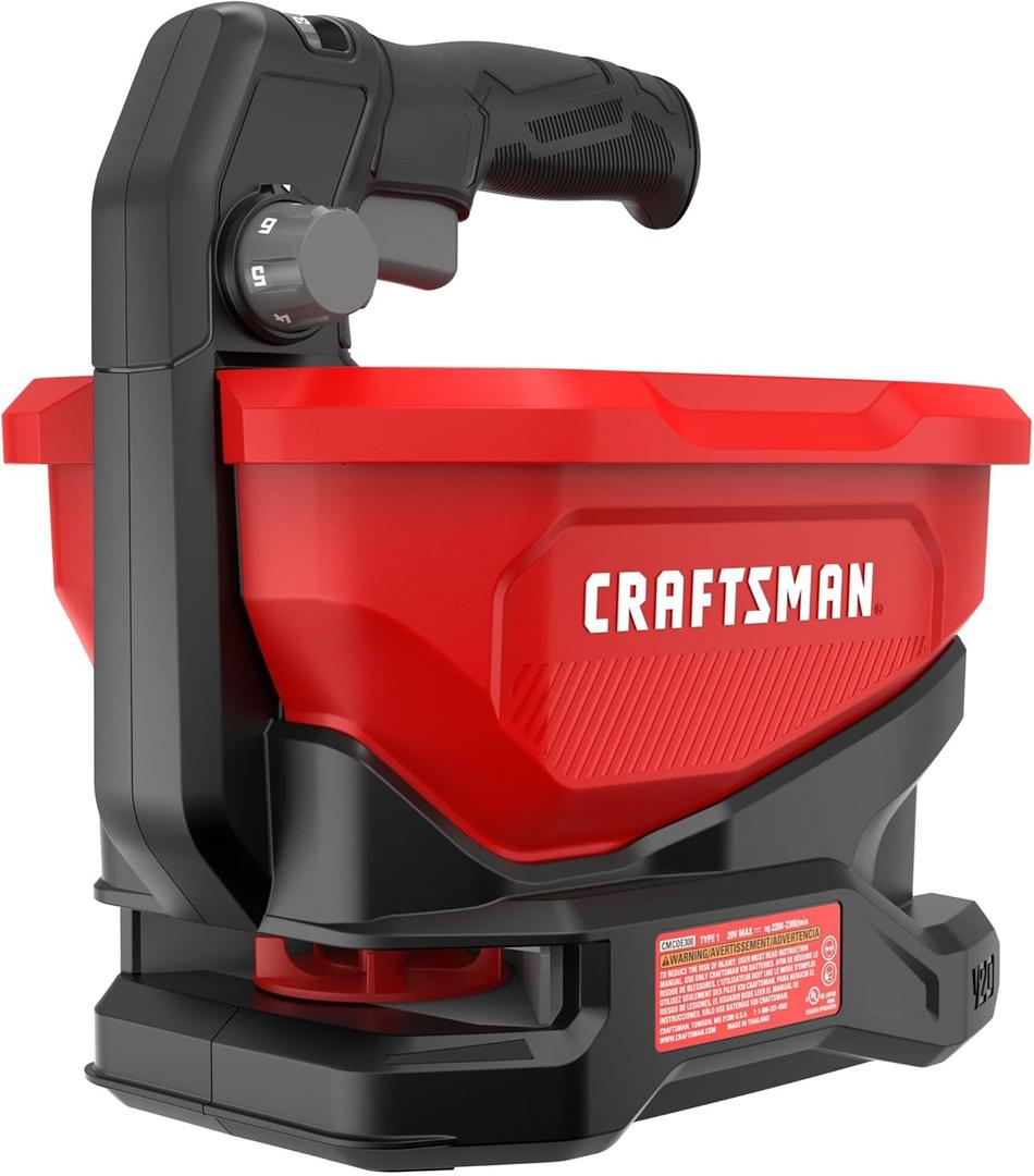 Craftsman V20 Four Season Seed Spreader Handheld, 1.2 Gal, 6 Speed, Fertilizer Spreader, Salt, Ice Melt, Covers up to 5,000 sqf per Tub, Tool Only (CMCOE300B)