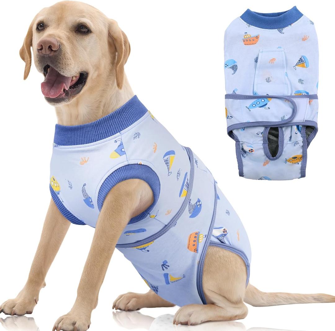 FUAMEY Recovery Suit for Dogs After Surgery,Soft Breathable Dog Bodysuit E-Collar & Cone Alternative Surgical Suit,Male Female Dog Neuter Spay Suits Anti Licking Wounds Onesie Blue Boat XXL (XXL(Back:24.8-29.5in,WT:75+lbs))