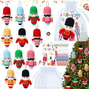 Motionchic 12 Sets Christmas Crochet Tree Ornaments Bulk, Positive Handmade Knitted Potato Animals Tree Decorations with Greeting Cards Cute Reindeer Santa Snowman Ball Ornament Holiday Party Favors