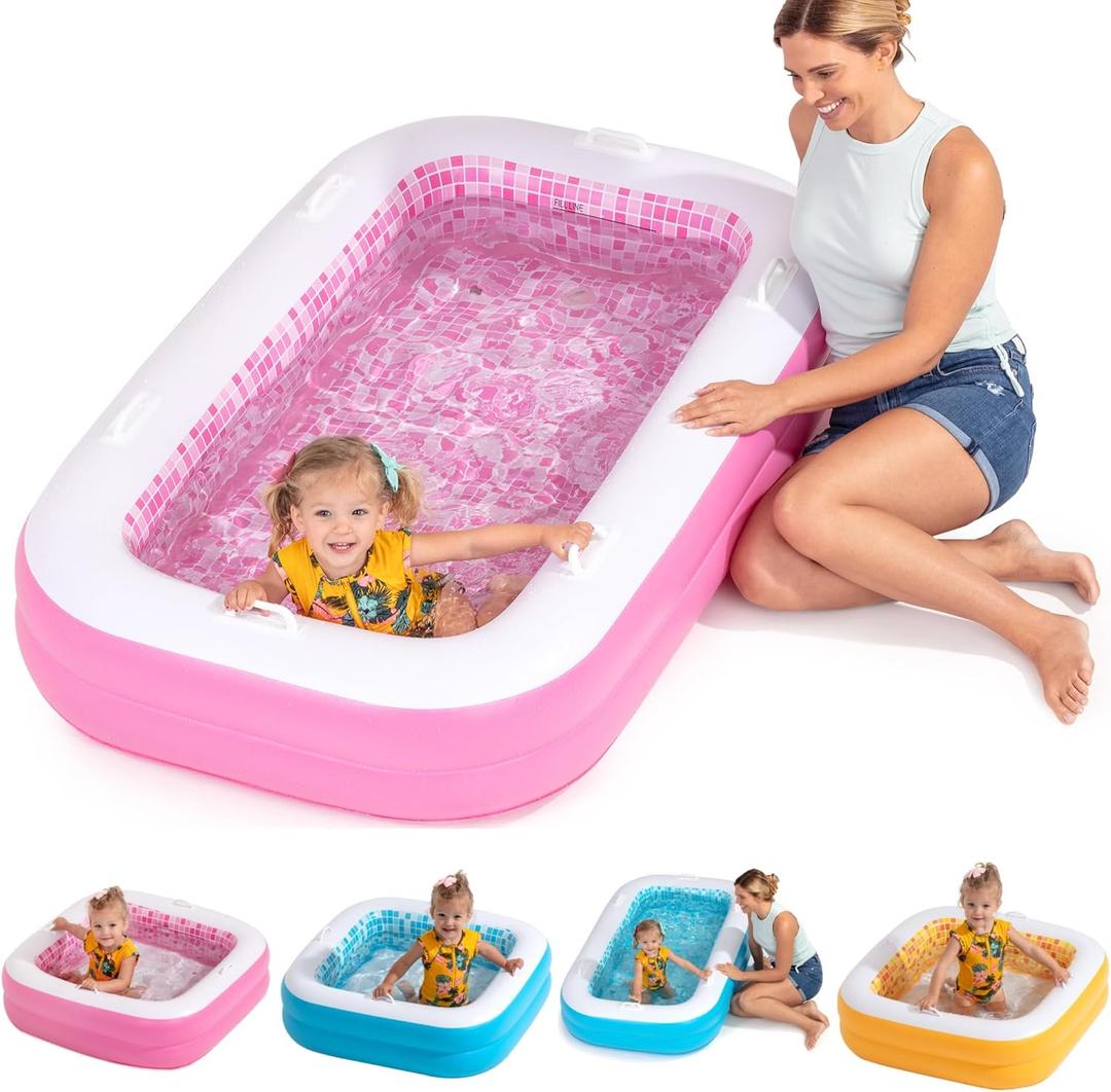 2-in-1 Inflatable Kiddie Pool, 65"x39"x10" (5'5") Soft Cushioned Floor, Handles, Drain, Shallow Rectangular Blowup Swimming Pool for Kids Age 2+ Toddler Ball Pit, Small Adult Backyard Tanning Pool (Playful Pink)