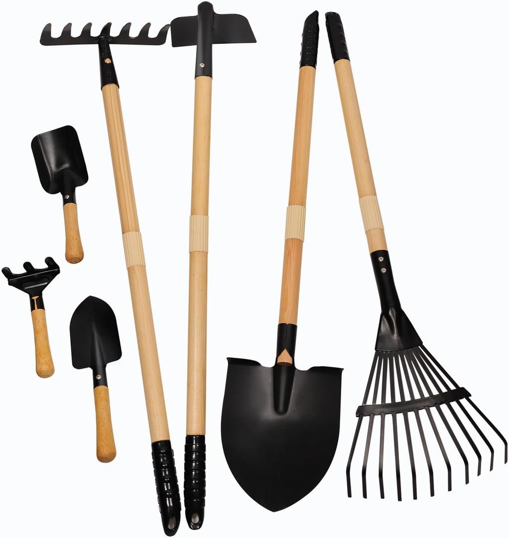 Kids Garden Tools, Rake and Shovel Set, 7 Pieces Gardening Tools for Yard, Beach, Camping Play, Outside Toys for Kids Ages 3 up Gift