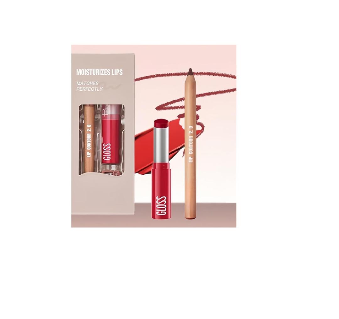 2 x 2PCS Lip Liner and Lipstick Combo Set, 2 in 2 Waterproof Lip Liner Long Lasting Lipstick Set, Matte Lipliner Pencil & Hydrating Lip Gloss Makeup Kits for Women (208)