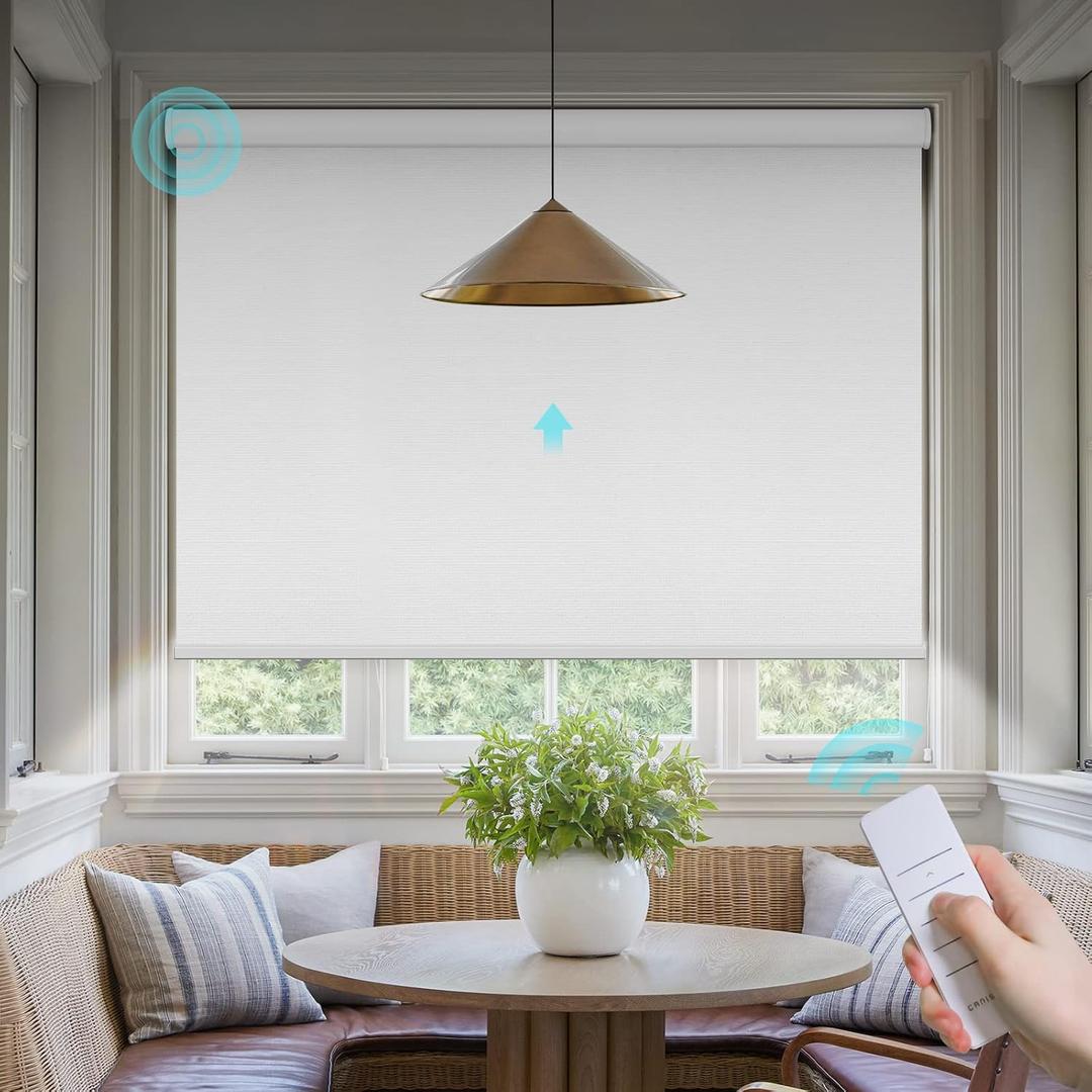 Motorized Blinds with Remote: Canisteo Battery Powered Control Electric Smart Roller Blinds Shades with Remote for Windows Cordless 100% Blackout, Essential White, 46" W X 72" H
