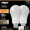 Feit Electric A19 100W Equivalent LED Light Bulbs, Dimmable, 3000k Bright White, 1600 Lumens, 22 Year Lifetime, E26 Base, CRI 90, UL Listed, Damp Rated, 2 Pack, OM100DM/930CA/2