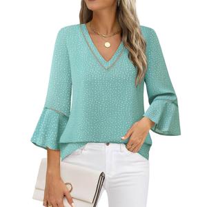 Timeson Business Tops for Women: 3/4 Sleeve - Women Blouses for Work - Womens Dress Shirts Trendy 2025 Professional Office Wear Cute Ladies Tops Dressy Casual Fitted Elegant Modest Spotted Green XL (Green, XL)
