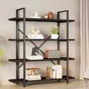 HSH 4 Tier Black Bookshelf, Industrial Metal Wood Storage Book Shelves