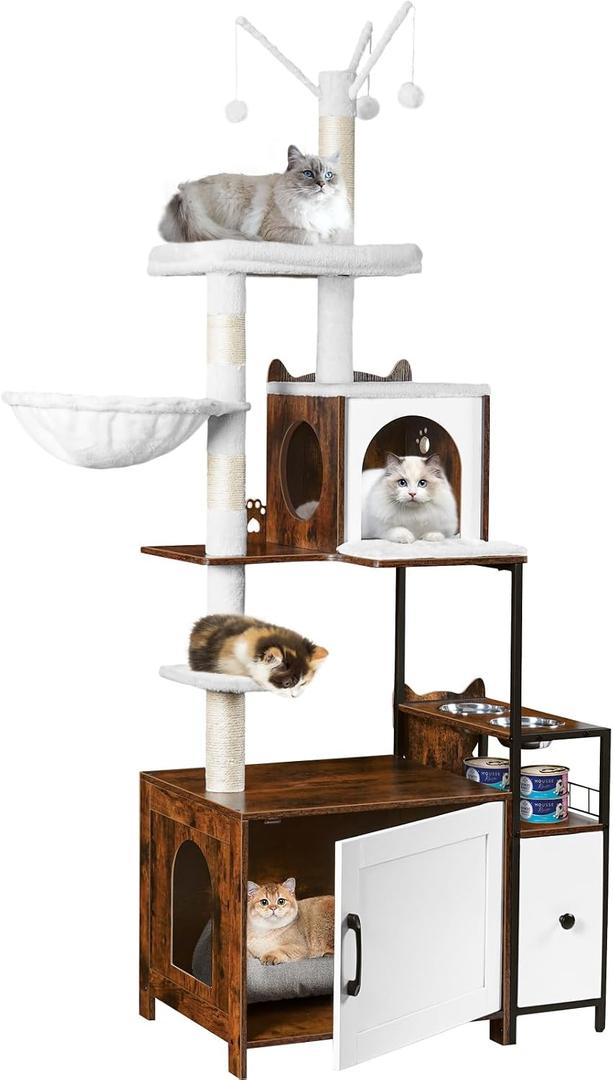 Snughome Cat Tree with Litter Box Enclosure, 3-in-1 Modern Cat Tower for Indoor Cats, 67.32 Hidden Cat Litter Box Furniture with Cat Condo, Food Station and Hammocks, All-in-one Cat Furniture