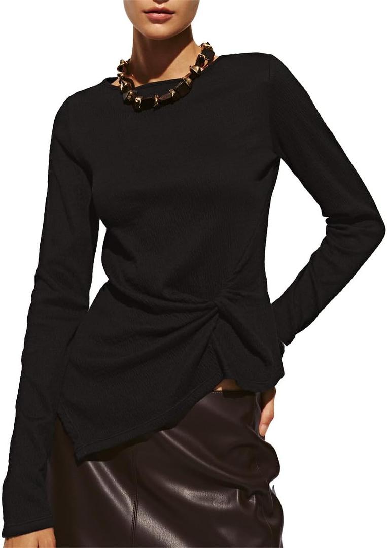 URBAN REVIVO Long Sleeve Asymmetrical Tops for Women Ruched Slit Fitted Basic Tees Y2k Going Out Tunic Shirts (Black, S)