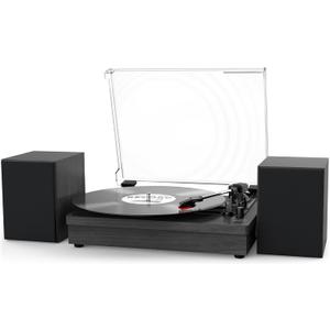 Record Player with Dual Stereo Speakers, Vinyl Record Player with 3 Speed Support Wireless Connection RCA Output Aux in USB Vintage Design Turntable Black