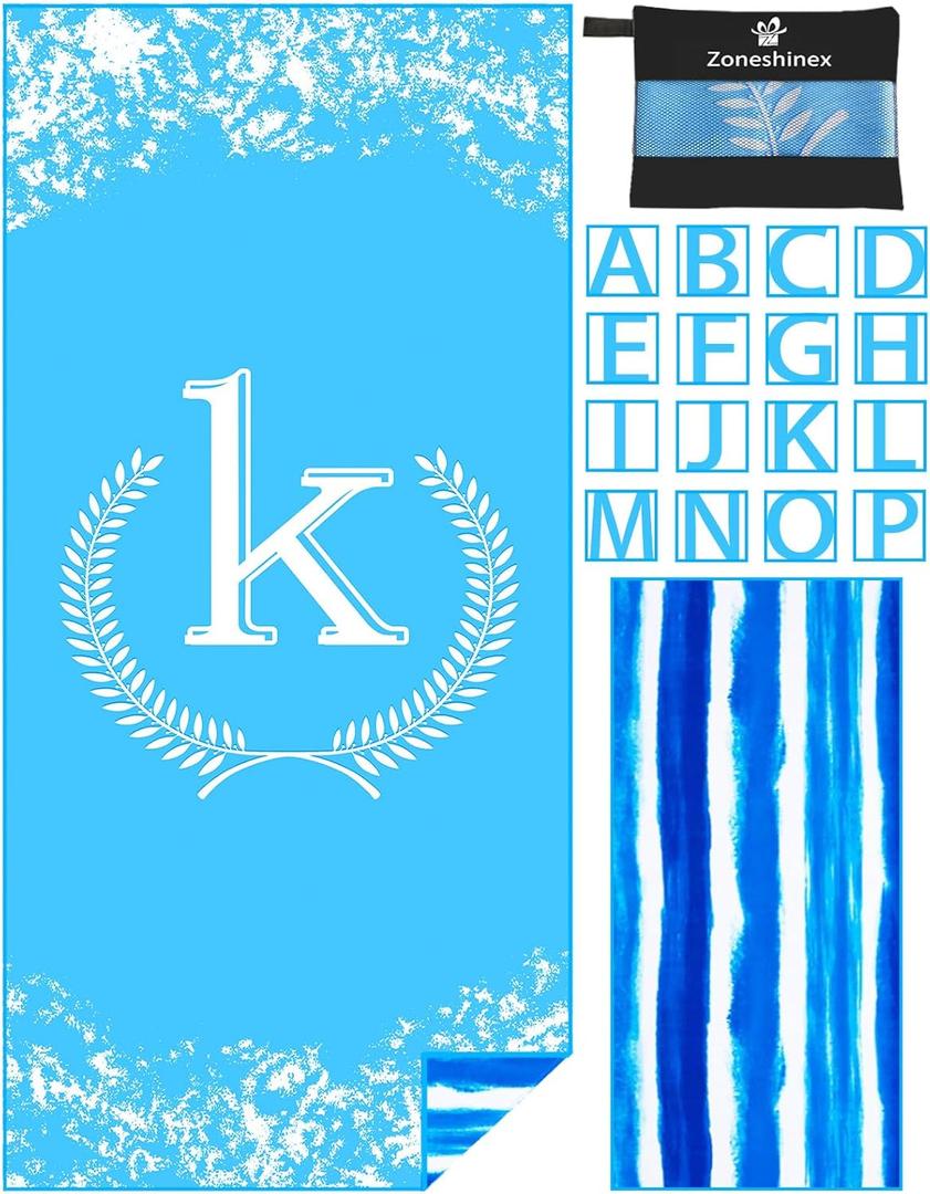Personalized Microfiber Monogrammed Beach Towel Sand Free Quick Dry Super Absorbent Customized Initial Letter Lightweight Oversized Pool Swim Towels K Gifts for Women (K Blue Snow)