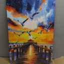 Canvas Wall Art Framed Seagull Beach Pier Sunset Coastal Ocean Vibrant Colorful Impressionist Nautical Seascape Wall Decor for Living Room Office Beach House Tropical Calm Relaxing Decor 16x24 Inches