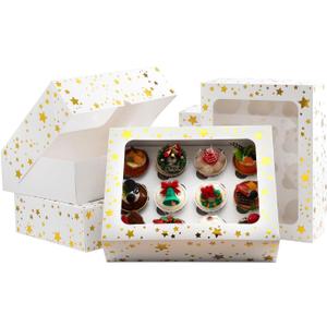 15 Packs Christmas Cupcake Boxes 12 Count, 13x10x3.5 Inch Gold Star Cupcake Containers with Clear Window, Auto-Pop Up Cupcake Carrier with Inserts for Cup Cake, Cupcake Holder for Cookies and Pastry