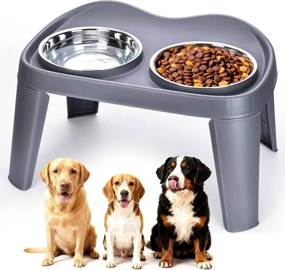 Petizer Large Sized Elevated Dog Bowls, No Spill Raised Height Stand Dog Feeder with 2 Thick 60OZ Stainless Steel Food and Water Bowl Set, Grey, for Medium Large, Food Dishes with Non-Slip Feet