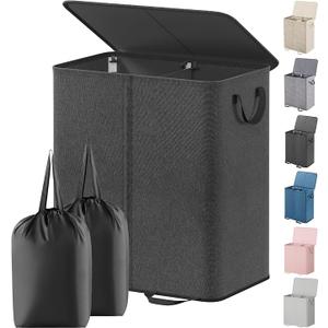 Lifewit Double Laundry Hamper with Lid and Removable Laundry Bags, Large Collapsible 2 Dividers Dirty Clothes Basket with Handles for Bedroom, Laundry Room, Closet, Bathroom, College, 136L Black