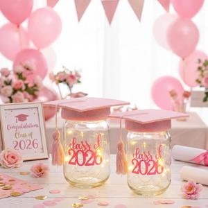 Sieral 2 Pcs Pink 2026 Graduation Centerpieces for Tables, Class of 2026 Table Decorations, LED Mason Jars for Centerpieces with Graduation Caps for College High School Congrats Grad Party Supplies