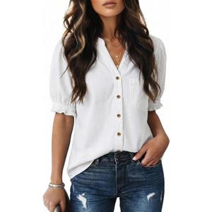 Dokotoo Women Denim Shirt Button Down Casual Short Sleeve V Neck Blouse Summer Tops (XX-Large, White)